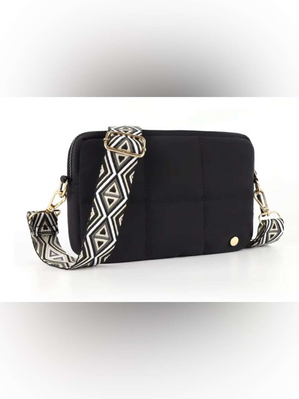 Black Quilted Crossbody Bag with Patterned Strap